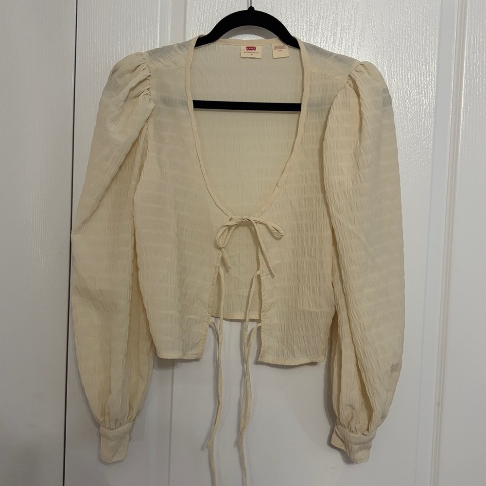 Levi's Cream Flowy Tie Up Puff Sleeve Blouse